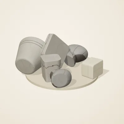 The six parts of Great Zimbabwe Stone No. 12 in a loose pile on a round stand