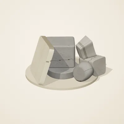 The six parts of Great Zimbabwe Stone No. 13 in a loose pile on a round stand