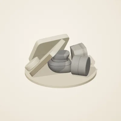 The six parts of Great Zimbabwe Stone No. 15 in a loose pile on a round stand