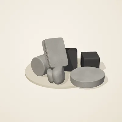 The six parts of Great Zimbabwe Stone No. 23 in a loose pile on a round stand