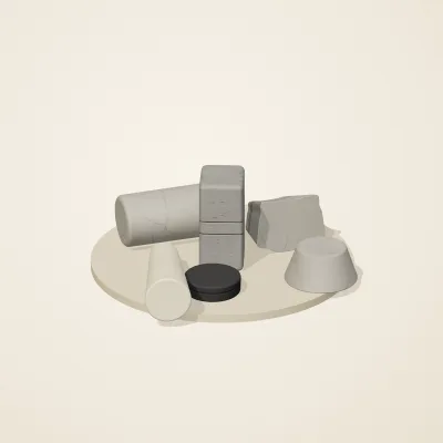 The six parts of Great Zimbabwe Stone No. 24 in a loose pile on a round stand