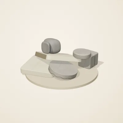 The six parts of Great Zimbabwe Stone No. 30 in a loose pile on a round stand