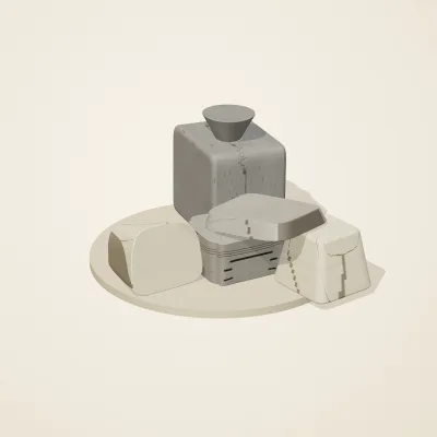 The six parts of Great Zimbabwe Stone No. 31 in a loose pile on a round stand