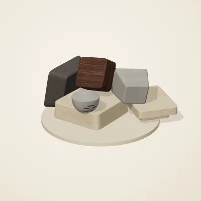 The six parts of Ethiopian Highlands No. 33 in a loose pile on a round stand