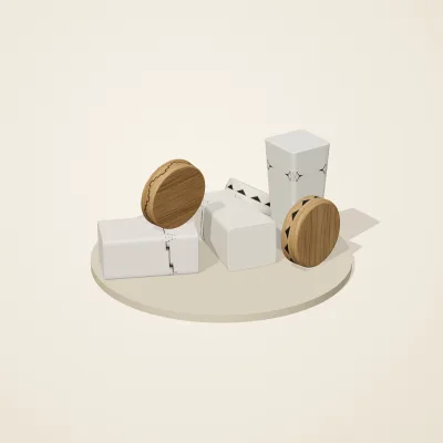 The six parts of Ndebele Geometry No. 8 in a loose pile on a round stand