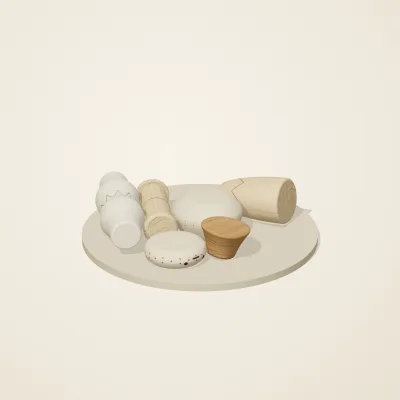 The six parts of Nordic Folk No. 15 in a loose pile on a round stand