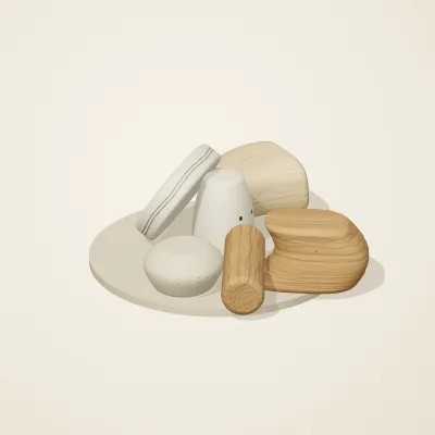 The six parts of Nordic Folk No. 19 in a loose pile on a round stand