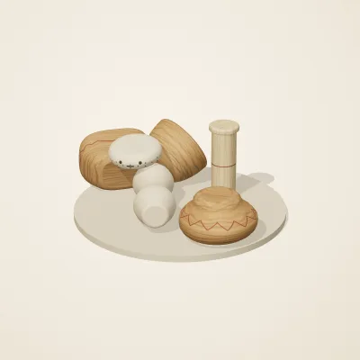 The six parts of Nordic Folk No. 30 in a loose pile on a round stand