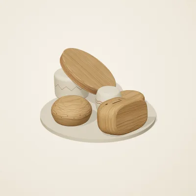 The six parts of Nordic Folk No. 34 in a loose pile on a round stand