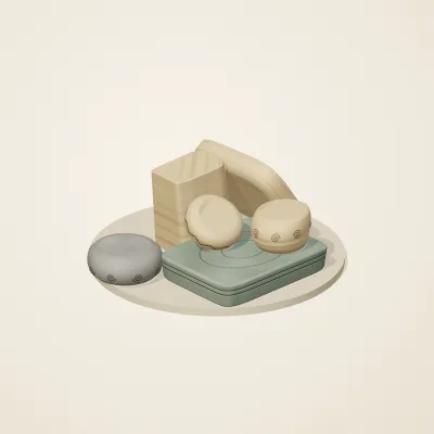 The six parts of Celtic Stonework No. 7 in a loose pile on a round stand