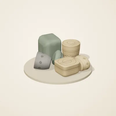 The six parts of Celtic Stonework No. 16 in a loose pile on a round stand