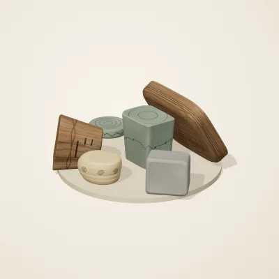 The six parts of Celtic Stonework No. 19 in a loose pile on a round stand