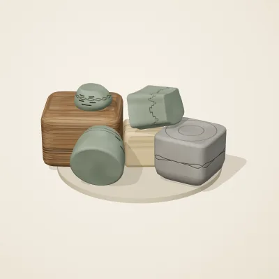 The six parts of Celtic Stonework No. 20 in a loose pile on a round stand
