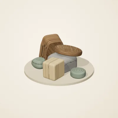 The six parts of Celtic Stonework No. 25 in a loose pile on a round stand