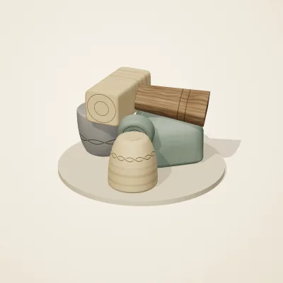 The six parts of Celtic Stonework No. 30 in a loose pile on a round stand