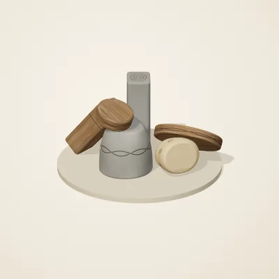 The six parts of Celtic Stonework No. 33 in a loose pile on a round stand