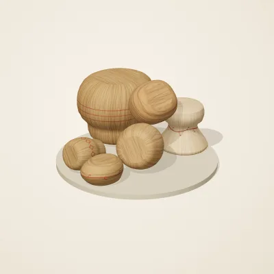 The six parts of Slavic Folk Toys No. 6 in a loose pile on a round stand
