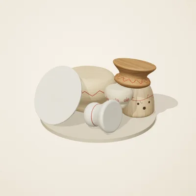 The six parts of Slavic Folk Toys No. 7 in a loose pile on a round stand