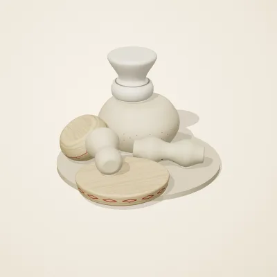 The six parts of Slavic Folk Toys No. 8 in a loose pile on a round stand