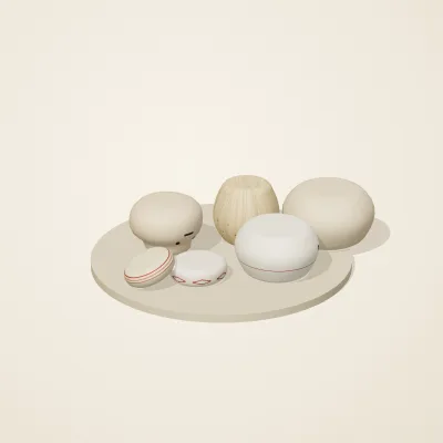 The six parts of Slavic Folk Toys No. 9 in a loose pile on a round stand