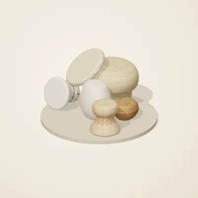 The six parts of Slavic Folk Toys No. 10 in a loose pile on a round stand