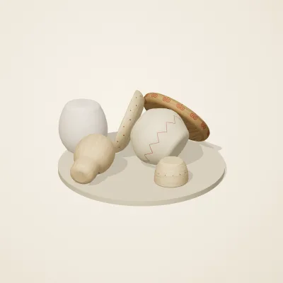The six parts of Slavic Folk Toys No. 11 in a loose pile on a round stand