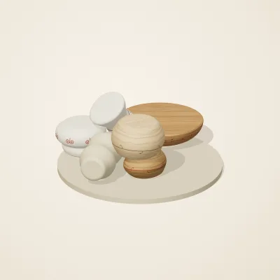 The six parts of Slavic Folk Toys No. 12 in a loose pile on a round stand