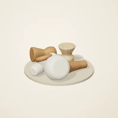 The six parts of Slavic Folk Toys No. 13 in a loose pile on a round stand