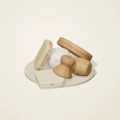 The six parts of Slavic Folk Toys No. 14 in a loose pile on a round stand
