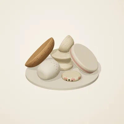 The six parts of Slavic Folk Toys No. 15 in a loose pile on a round stand