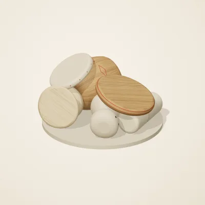 The six parts of Slavic Folk Toys No. 16 in a loose pile on a round stand