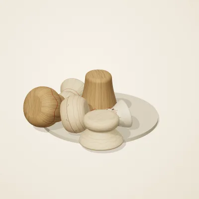 The six parts of Slavic Folk Toys No. 18 in a loose pile on a round stand