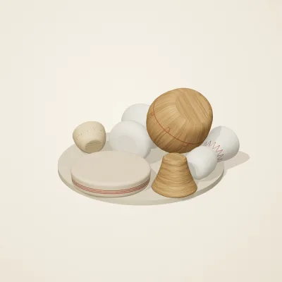 The six parts of Slavic Folk Toys No. 20 in a loose pile on a round stand