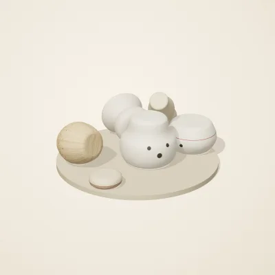 The six parts of Slavic Folk Toys No. 21 in a loose pile on a round stand