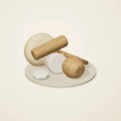 The six parts of Slavic Folk Toys No. 23 in a loose pile on a round stand