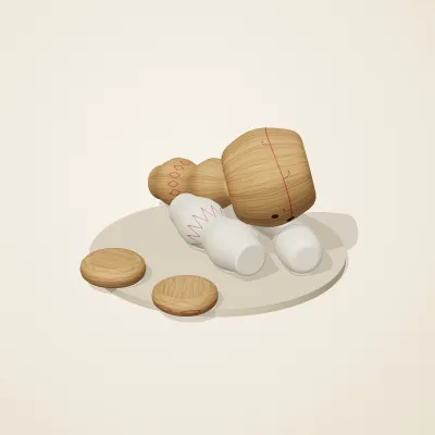 The six parts of Slavic Folk Toys No. 24 in a loose pile on a round stand