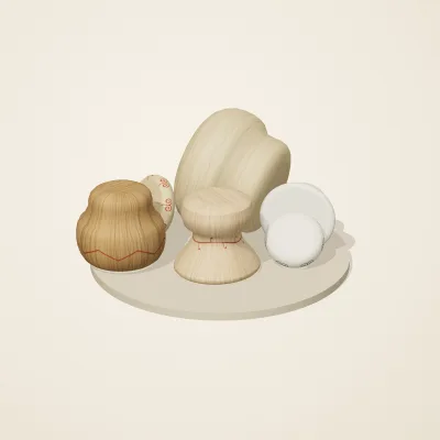 The six parts of Slavic Folk Toys No. 25 in a loose pile on a round stand