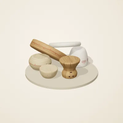 The six parts of Slavic Folk Toys No. 26 in a loose pile on a round stand