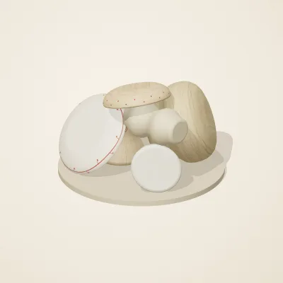 The six parts of Slavic Folk Toys No. 27 in a loose pile on a round stand
