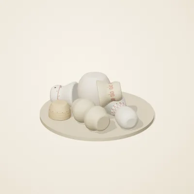 The six parts of Slavic Folk Toys No. 28 in a loose pile on a round stand
