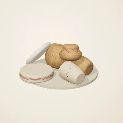 The six parts of Slavic Folk Toys No. 29 in a loose pile on a round stand