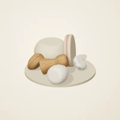 The six parts of Slavic Folk Toys No. 30 in a loose pile on a round stand