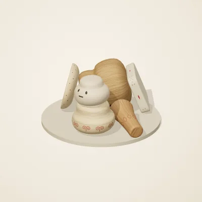The six parts of Slavic Folk Toys No. 31 in a loose pile on a round stand