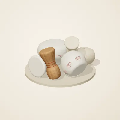 The six parts of Slavic Folk Toys No. 33 in a loose pile on a round stand