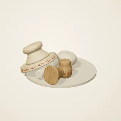 The six parts of Slavic Folk Toys No. 34 in a loose pile on a round stand