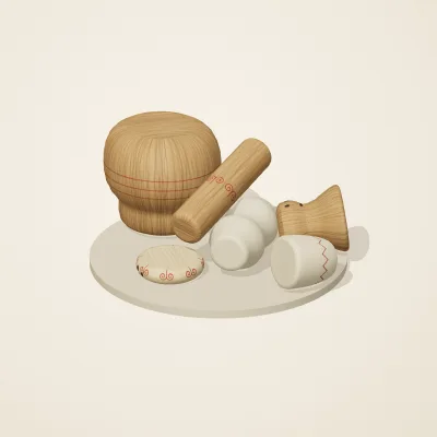 The six parts of Slavic Folk Toys No. 35 in a loose pile on a round stand