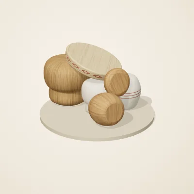 The six parts of Slavic Folk Toys No. 36 in a loose pile on a round stand