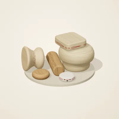 The six parts of Slavic Folk Toys No. 37 in a loose pile on a round stand
