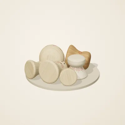 The six parts of Slavic Folk Toys No. 38 in a loose pile on a round stand