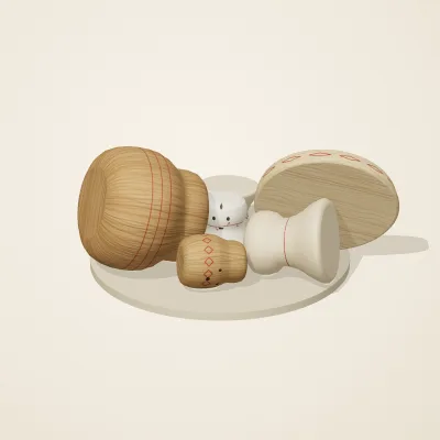 The six parts of Slavic Folk Toys No. 40 in a loose pile on a round stand